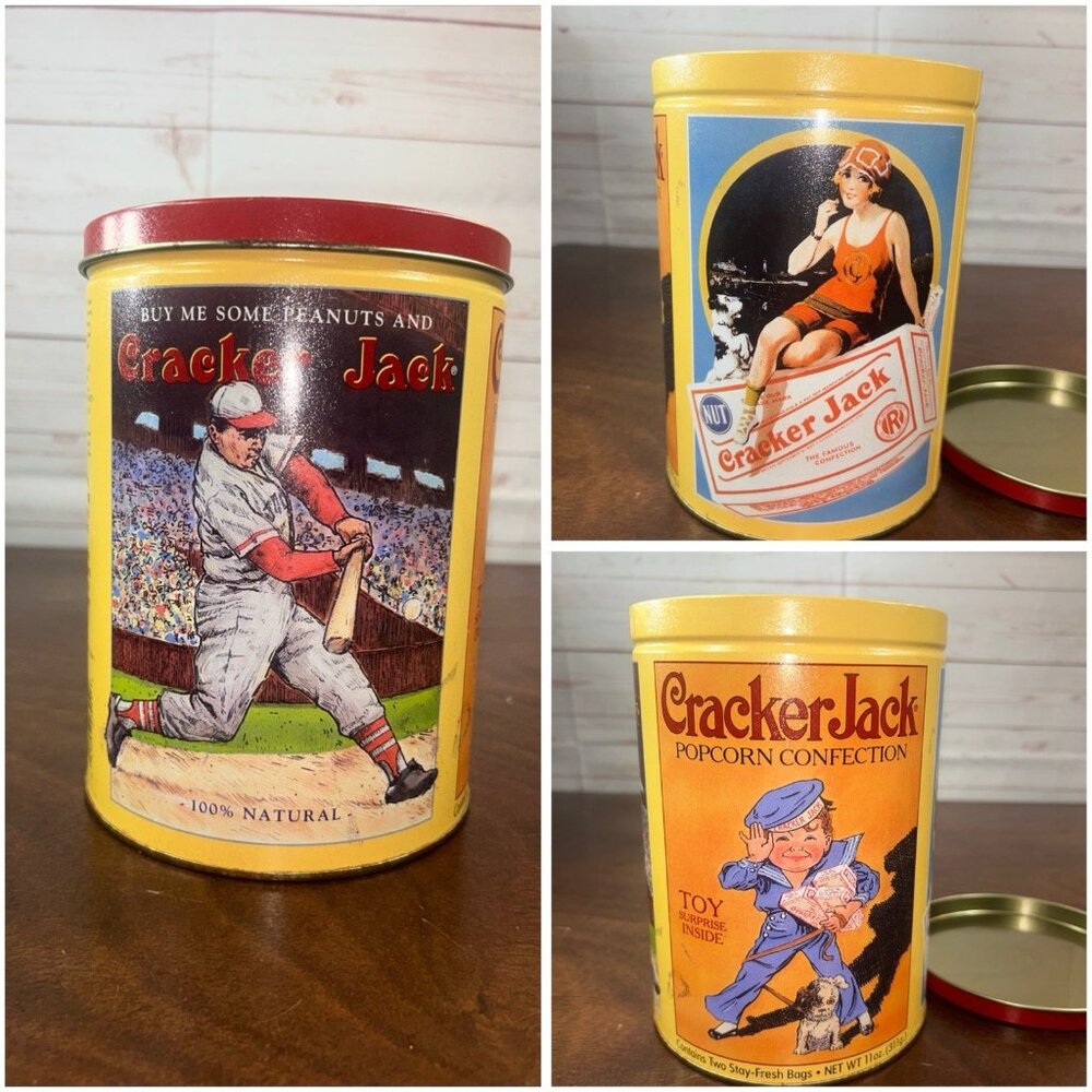 Original Vintage 1990s Cracker Jack Baseball Tin Canister 8x5.5” Limited Edition
